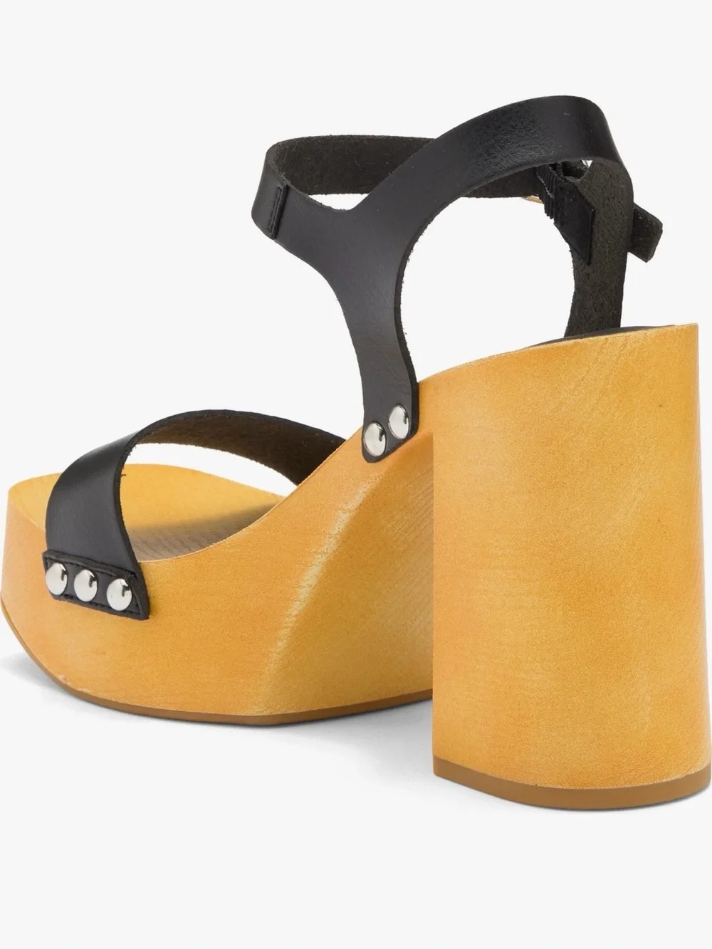 MIA Black Leather Ankle-Strap Platform Sandals with Wood-Tone Heel